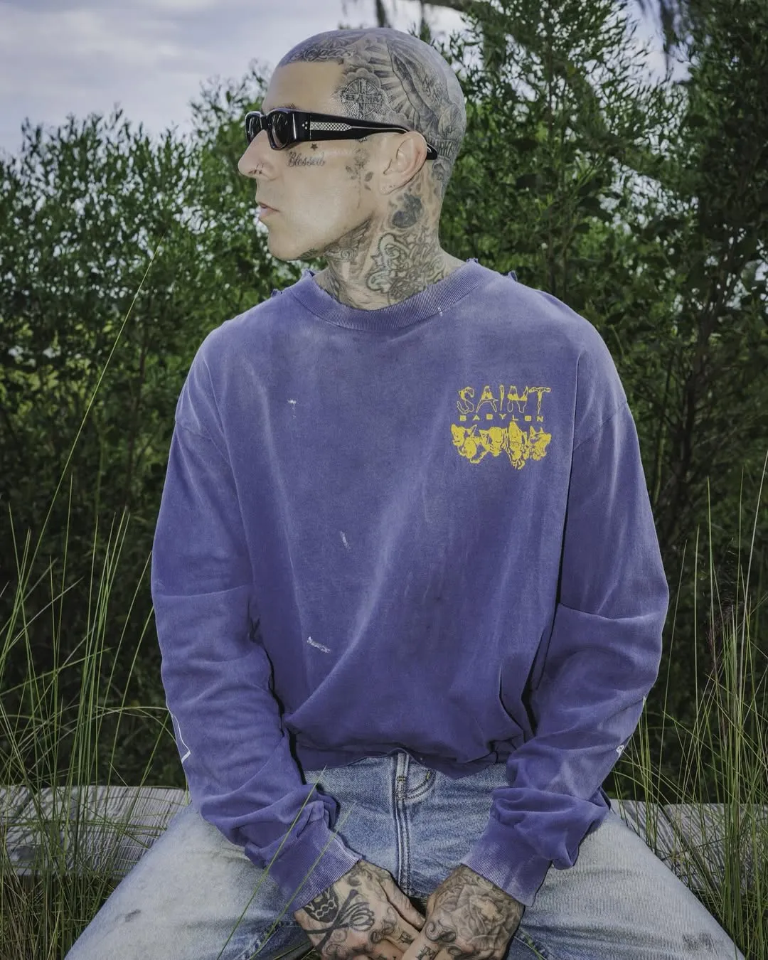 SAINT Mxxxxxx × BABYLON BBLN_LS TEE/SAINT BABYLON/NVY/BABYLON co-branded style Wolf head SAINT/nail distressed long sleeves Washed blue S-XL Completely matched Tube weaving fabric without side seams Garment dyeing Maliu water faded distressing Simulated sun fading treatment Natural fading Handmade holes and frayed Ink splashing treatment Correct main mark/wash mark/little angel anti-counterfeiting mark